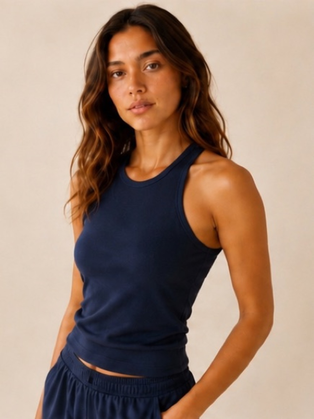 SKIMS Navy Blue High Neck Halter Neck Luxe Loungewear Cotton Blend Tank Top XS